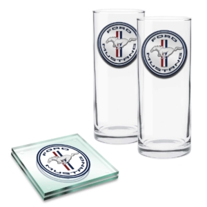 Ford Mustang Set of 2 Highball Glasses &  2 Glass Coasters